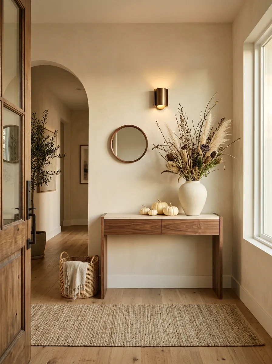 Modern Organic Entry With Travertine, Walnut, and Dried Foliage