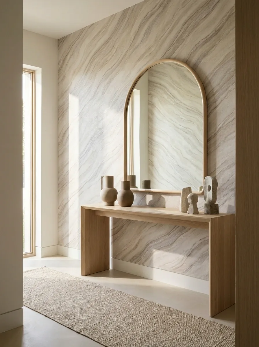 Modern Organic Entryway With Stone-Look Wallpaper