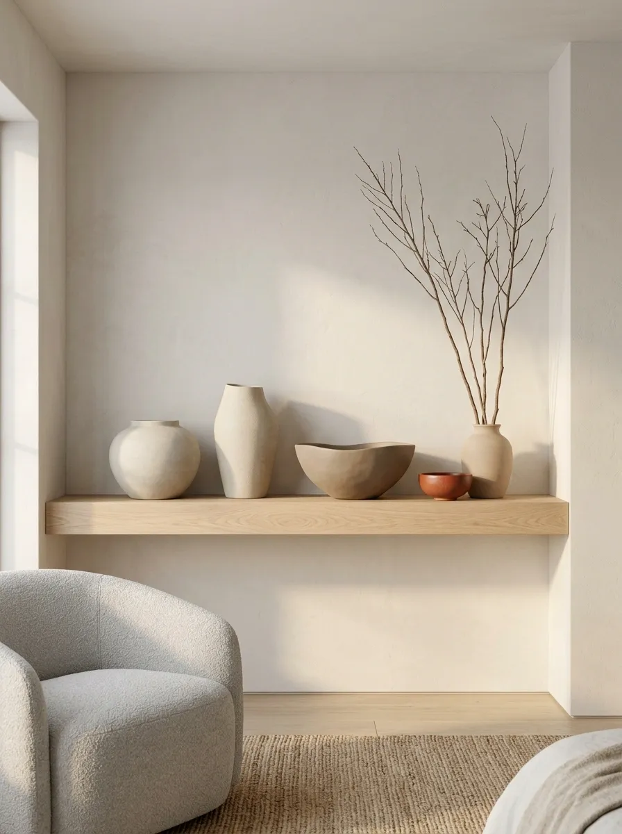 Modern Organic Shelf With Sculptural Vases and Bare Branches