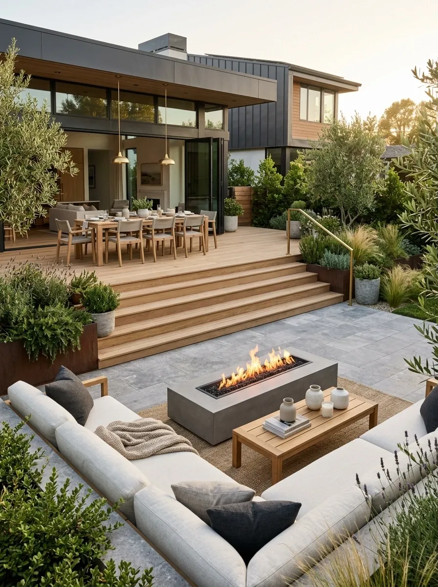 Modern Patio With a Raised Deck and Lower Conversation Area