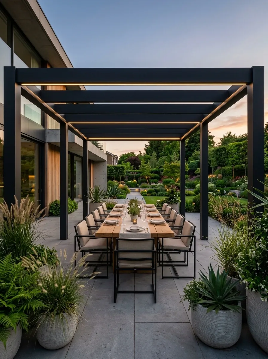 Modern Pergola Dining Patio With an Oversized Table