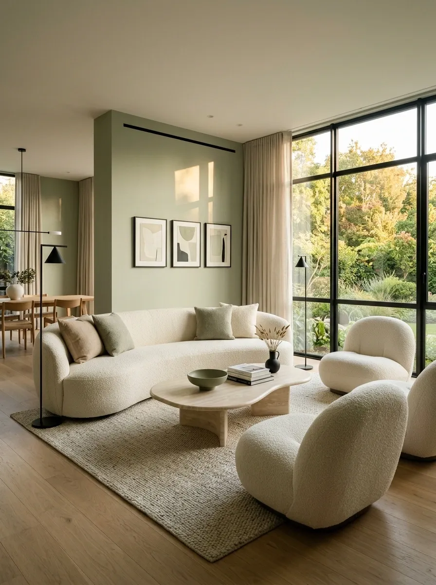 Modern Sage Living Room With Curved Bouclé Furniture