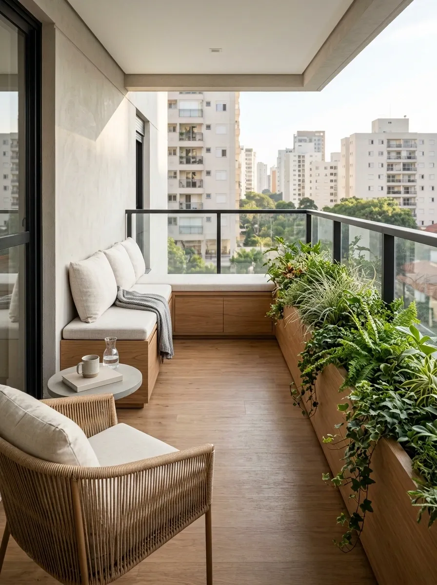 Modern Small Balcony With Built-In Storage and Linear Planters
