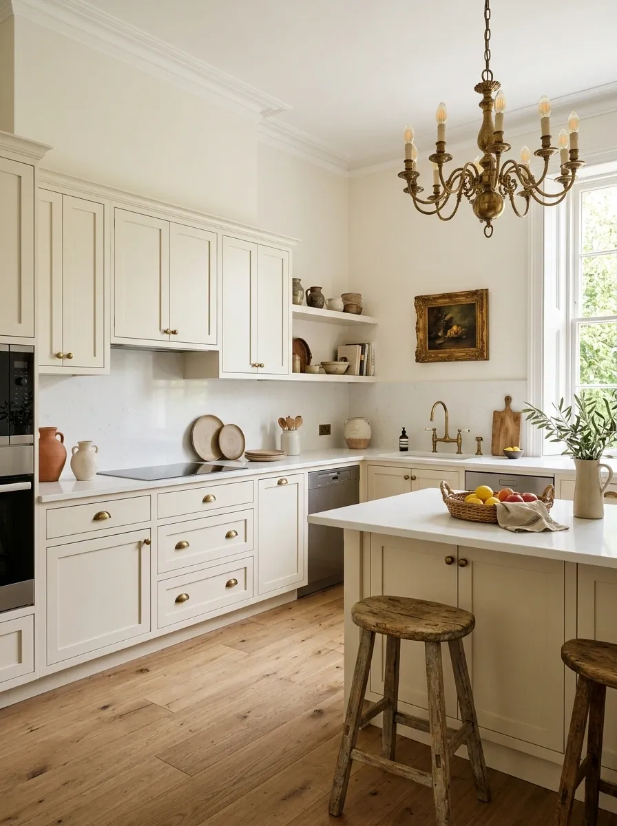 Modern-Vintage Kitchen With Classic Cabinetry and Antique Lighting