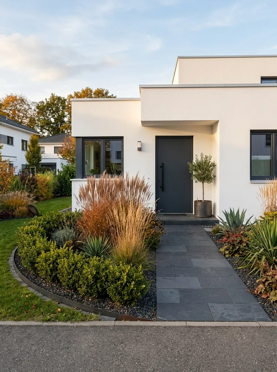 Modern White Facade With Olive and Rust Planting