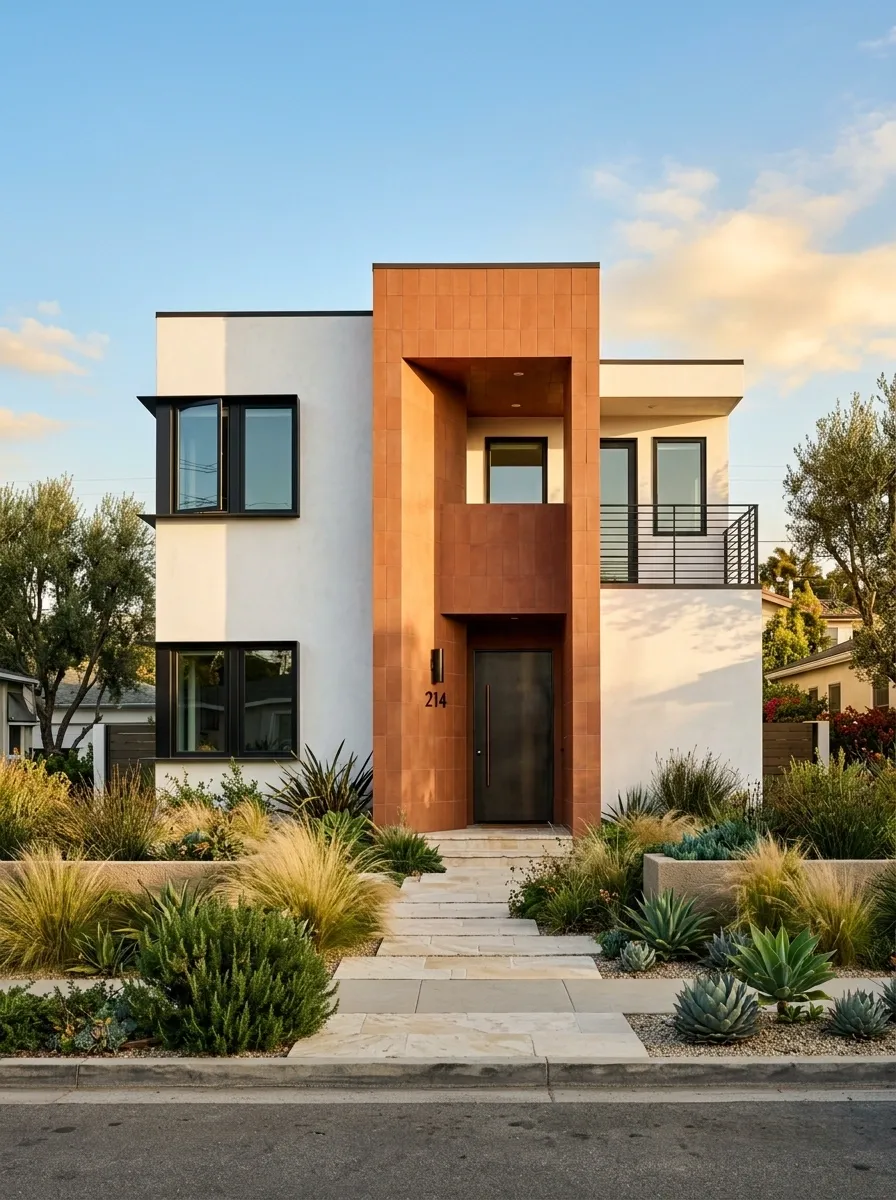 Modern White House With Terracotta Entry Wall