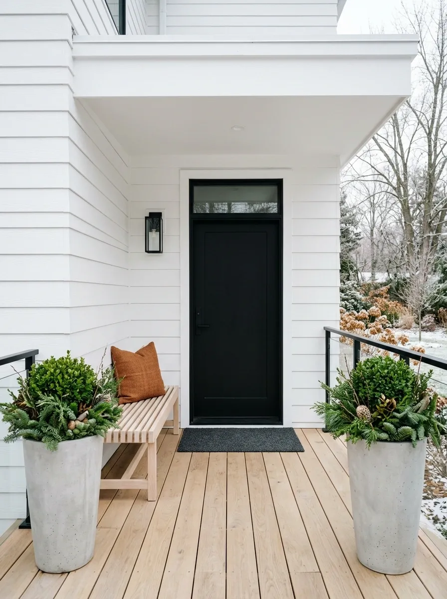 Modern White Porch With One Rust-Colored Accent