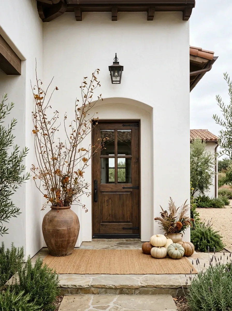 Modern White Stucco Entry With Sculptural Fall Styling
