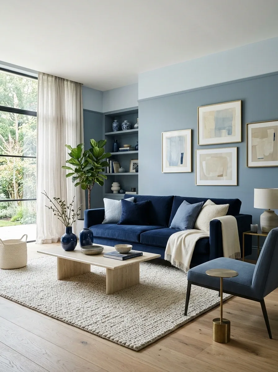 Monochromatic Blue Living Room With Layered Shades
