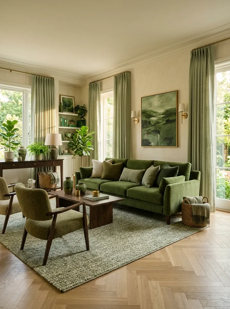 Monochromatic Green Living Room With Layered Shades