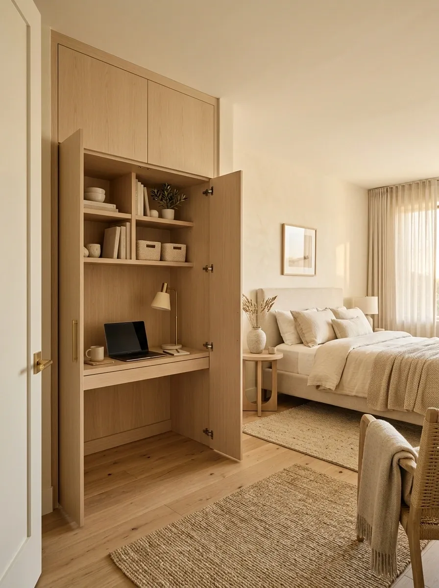Monochromatic Guest Room With a Hidden Desk Cabinet
