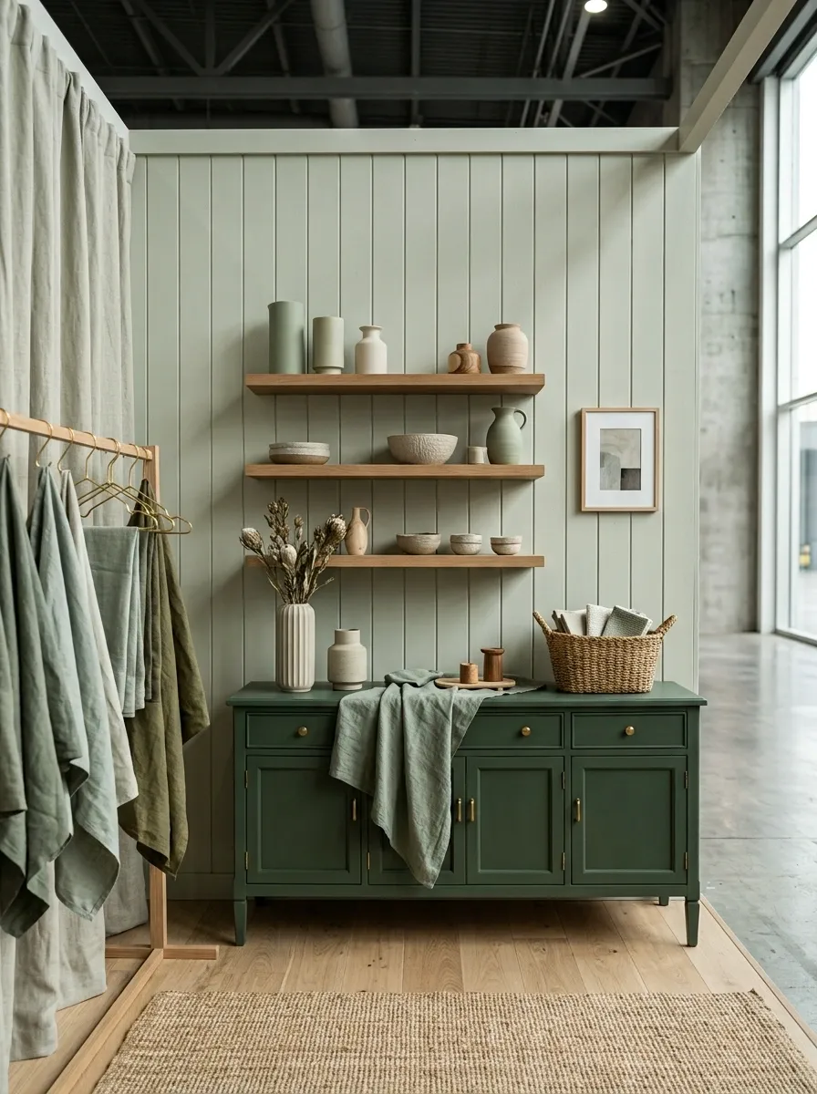 Monochromatic Sage Booth With Layered Green Tones