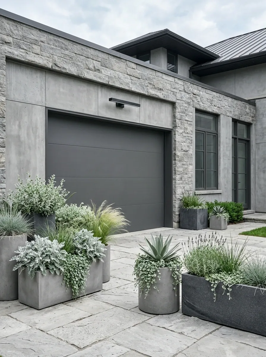 Monochrome Gray Planters With Silver Foliage and Stone