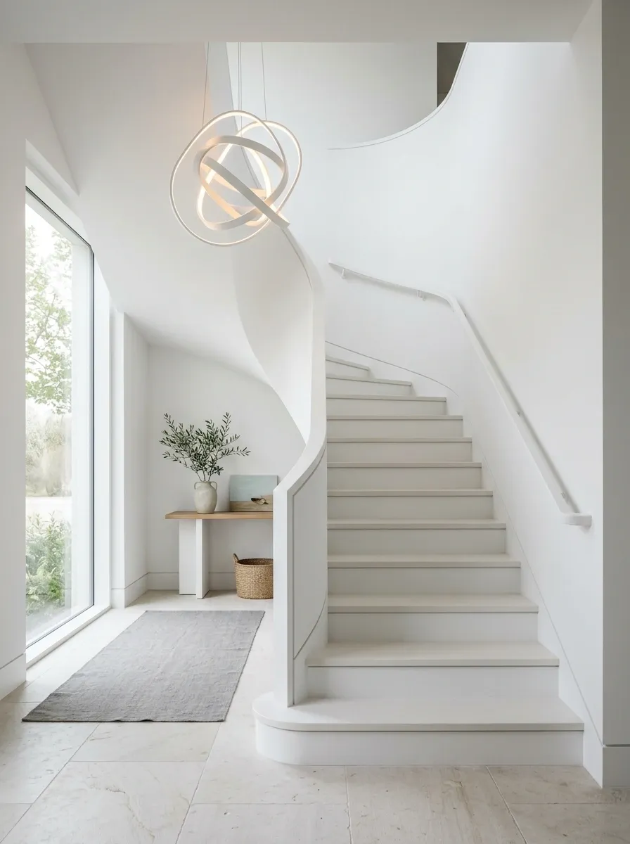 Monochrome White Staircase With Sculptural Lighting and Pale Stone