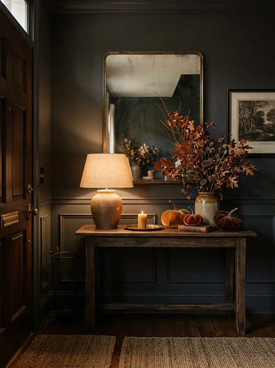 Moody Autumn Entry With Charcoal Walls and Oxidized Brass