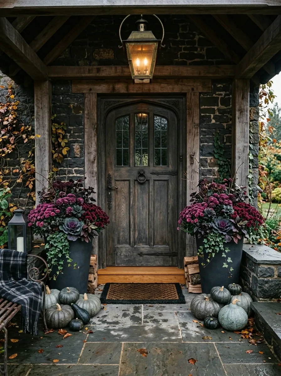 Moody Autumn Porch With Plum Mums and Charcoal Finishes