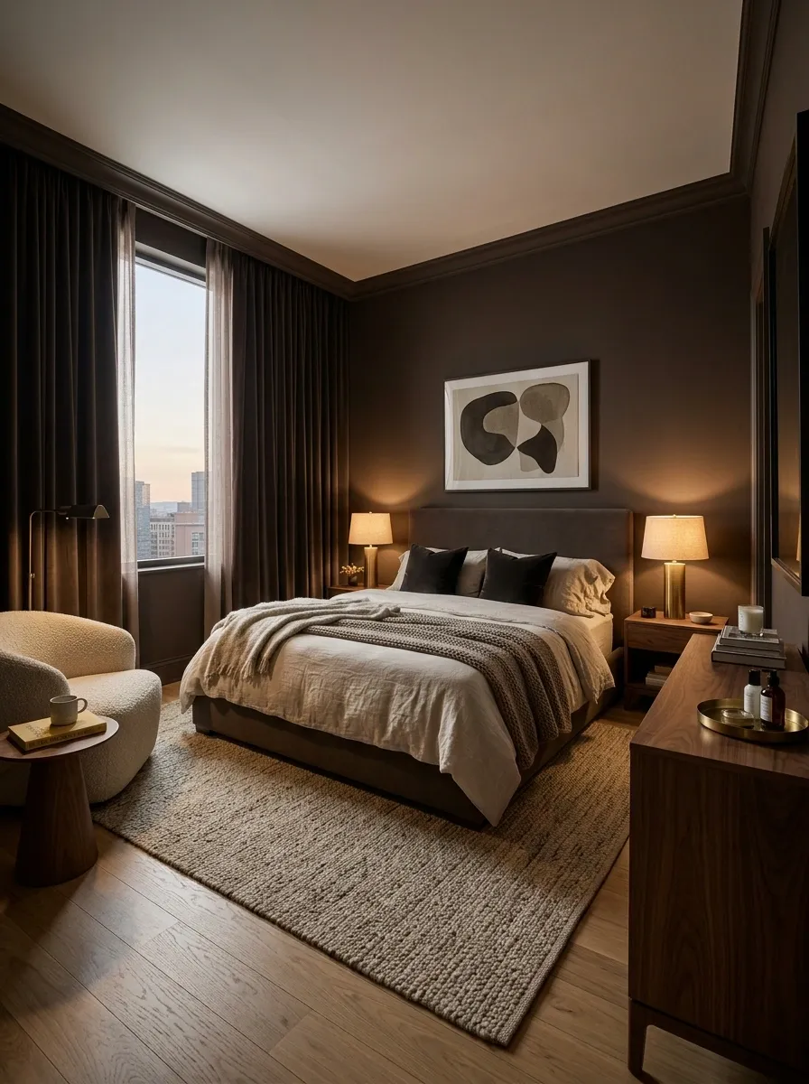 Moody Bedroom-Led Apartment With Deep Brown Walls and Walnut