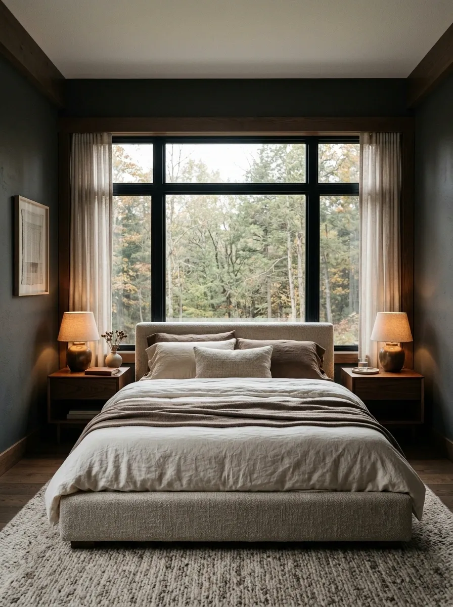 Moody Bedroom Window Wall With a Low Upholstered Bed