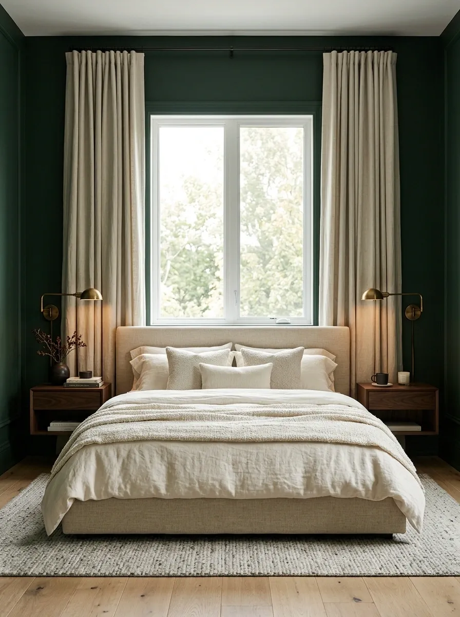 Moody Bedroom With a Deep Green Wall Around the Window