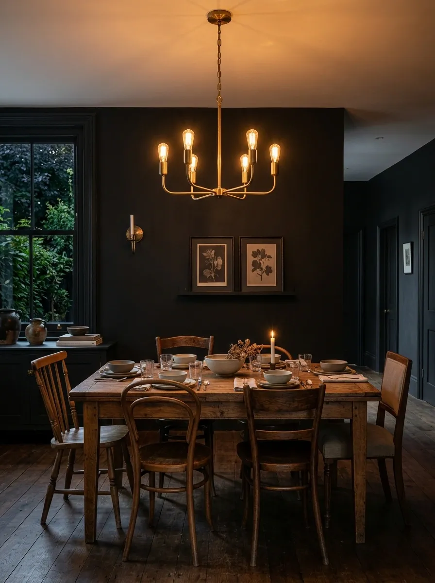 Moody Black Dining Room With Antique Wood and Brass Lighting