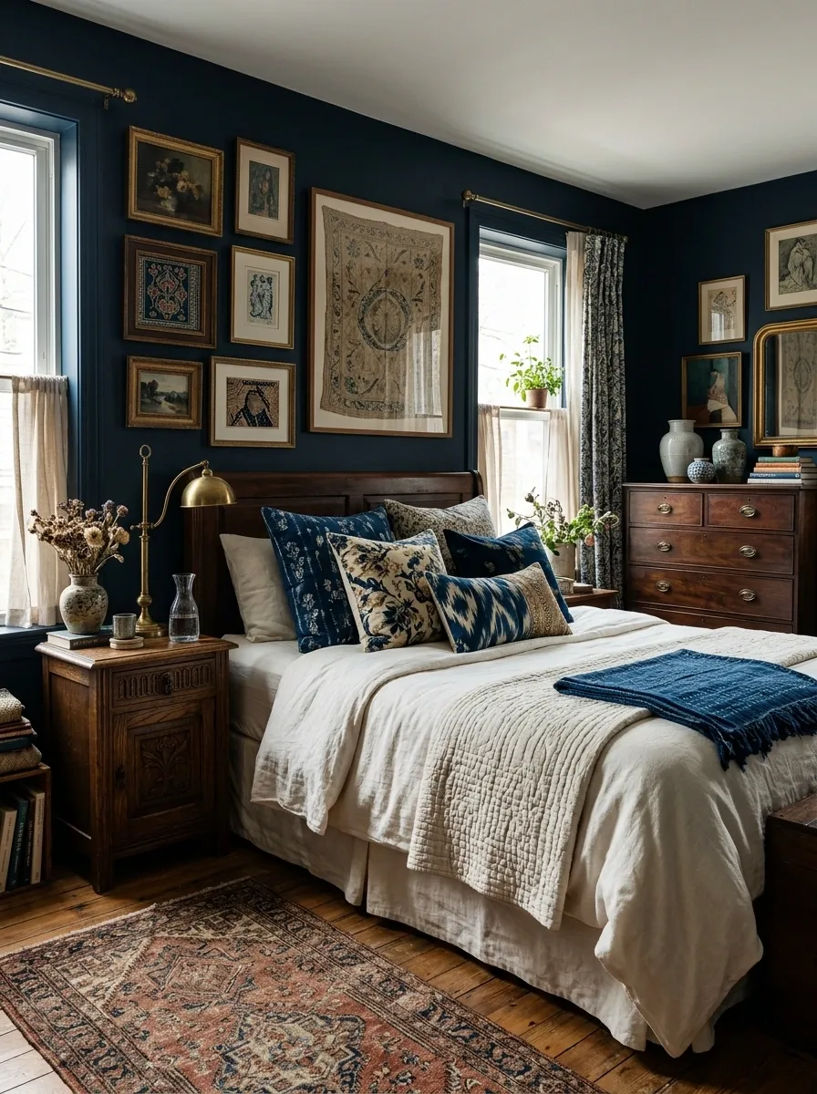 Moody Blue Bedroom With Layered Pattern and Antique Furniture