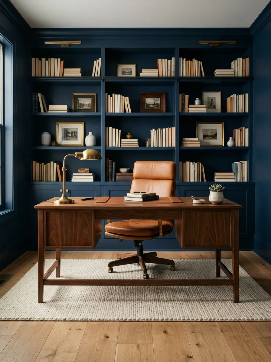 Moody Blue Office With Library Shelving
