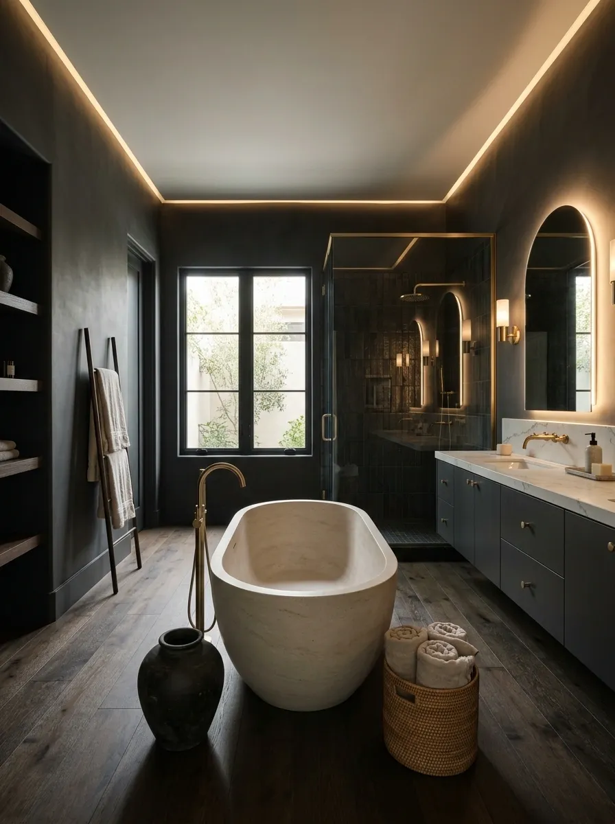 Moody Charcoal Bathroom With Freestanding Stone Tub