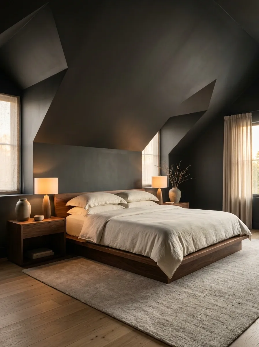 Moody Charcoal Bedroom With a Dramatic Sloped Wall