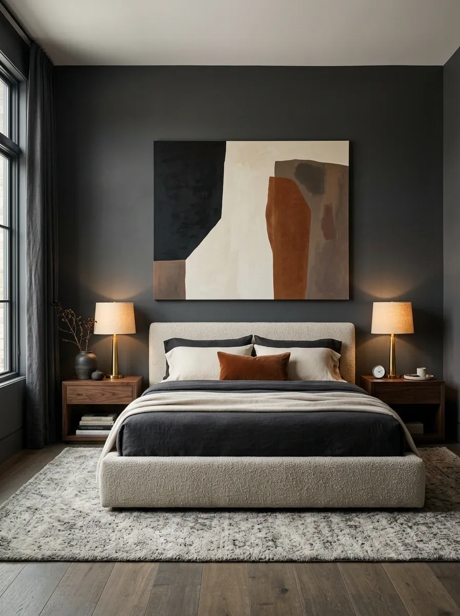 Moody Charcoal Bedroom With One Oversized Abstract Canvas