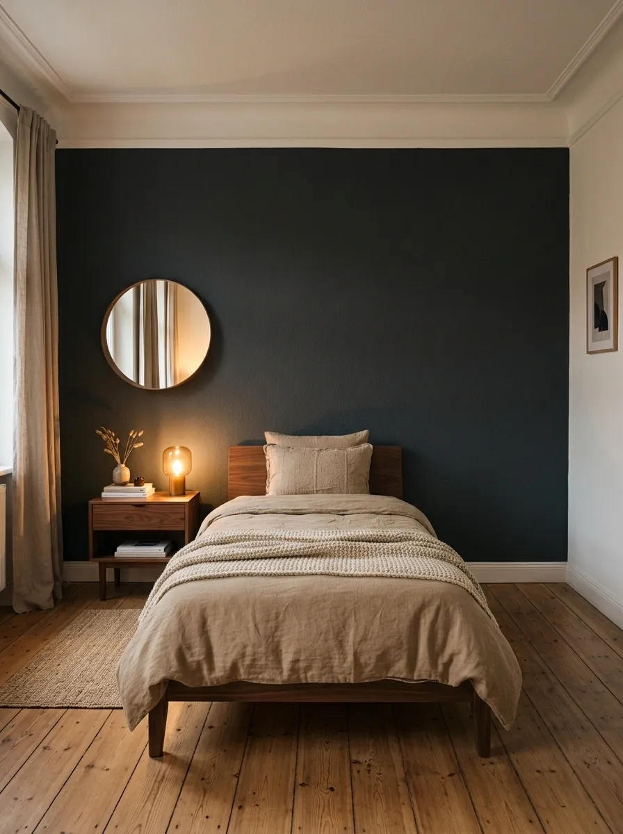 Moody Charcoal Bedroom With Warm Linen Bedding