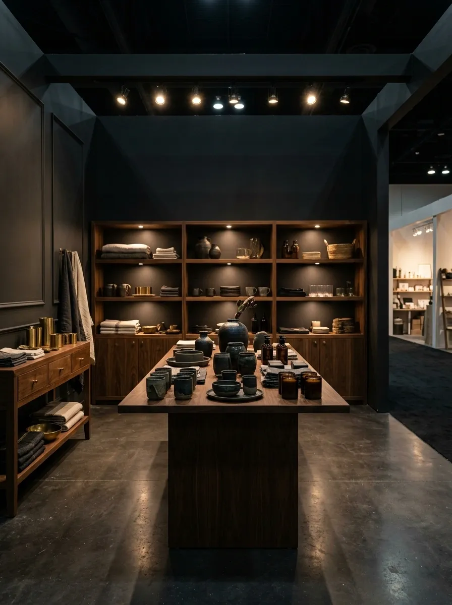 Moody Charcoal Booth With Walnut and Brass
