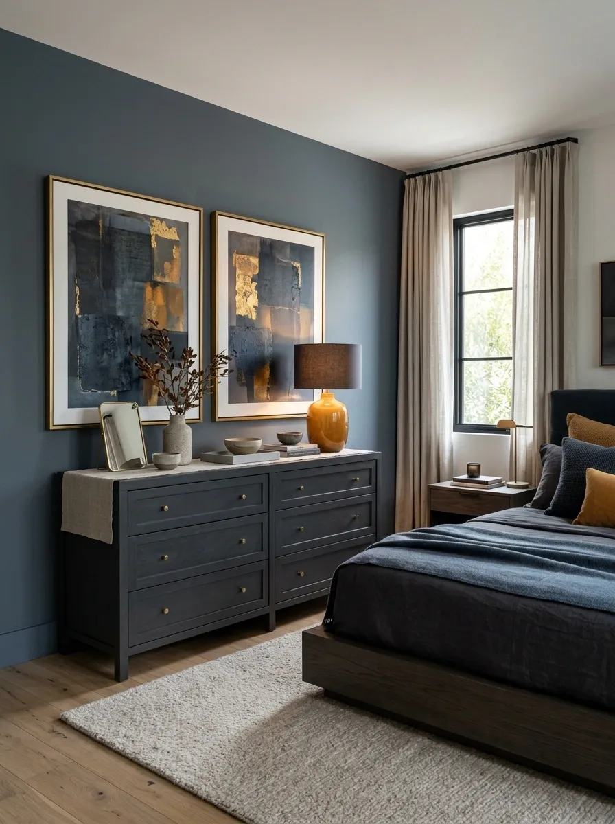 Moody Charcoal Dresser With Brass-Framed Artwork