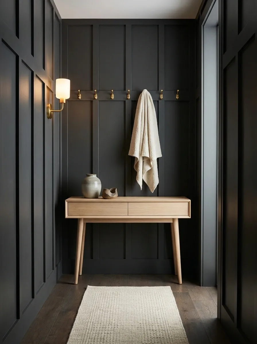 Moody Charcoal Entryway With Light Wood and Brass Details
