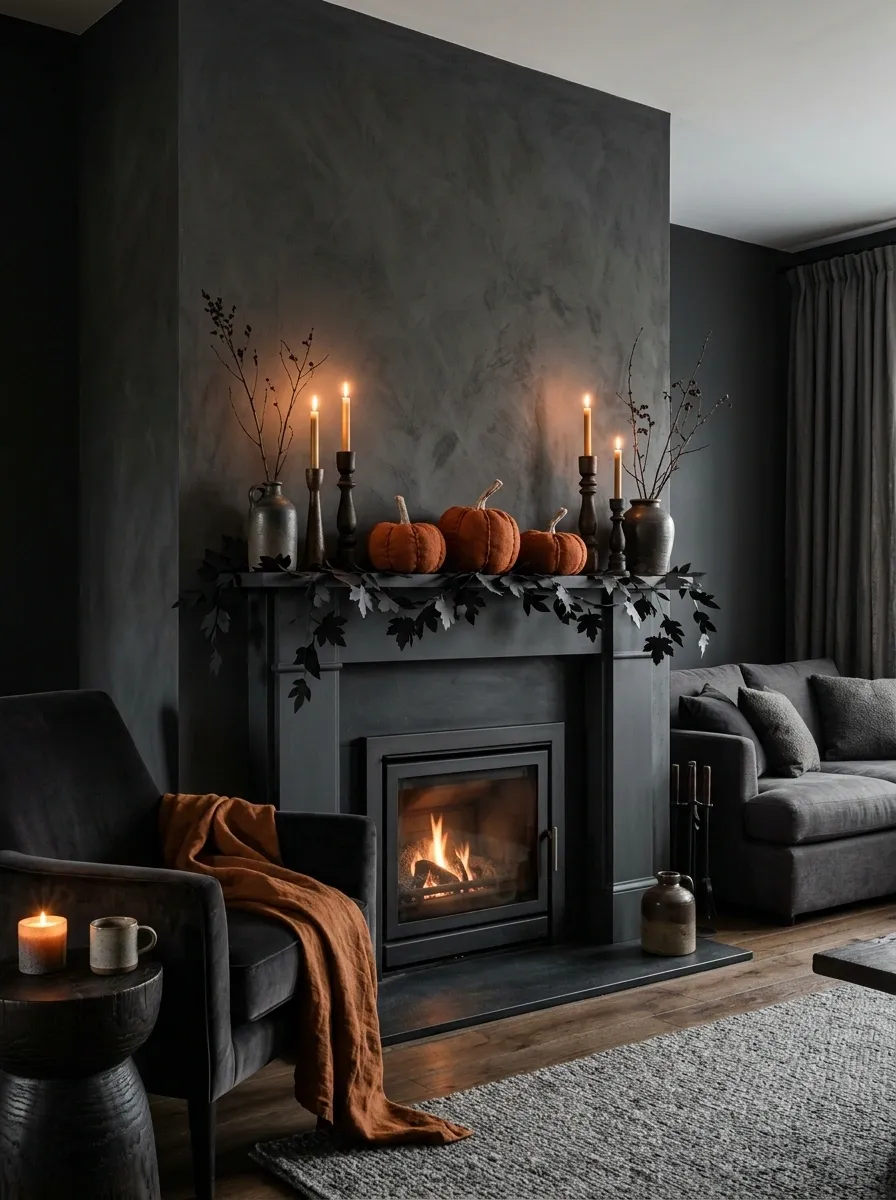 Moody Charcoal Fireplace With Burnt Orange Handmade Details