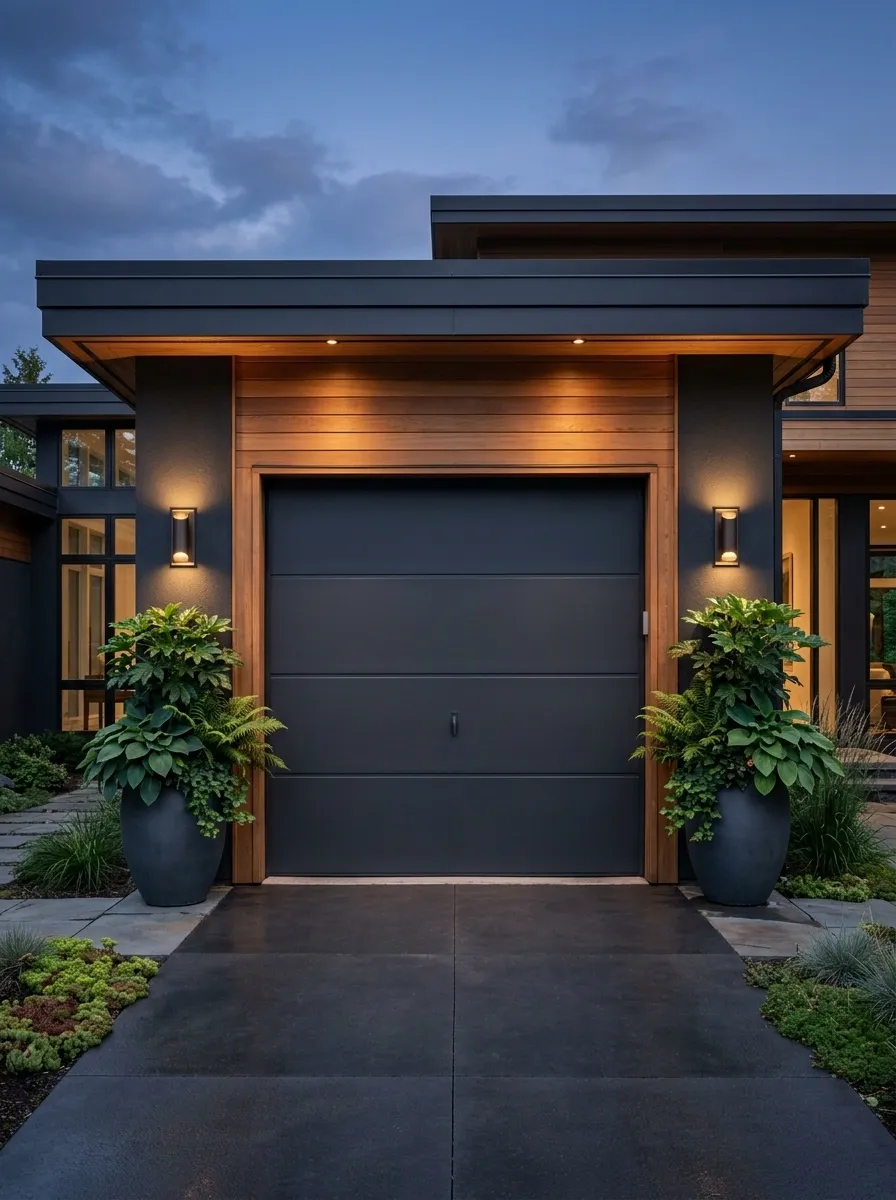 Moody Charcoal Garage With Deep Green Planters