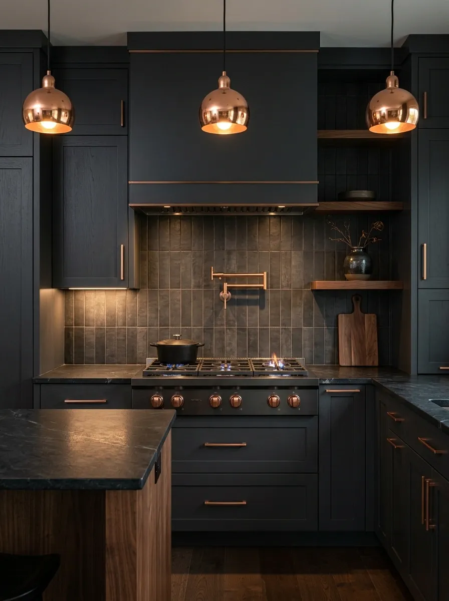 Moody Charcoal Kitchen With Copper Accents