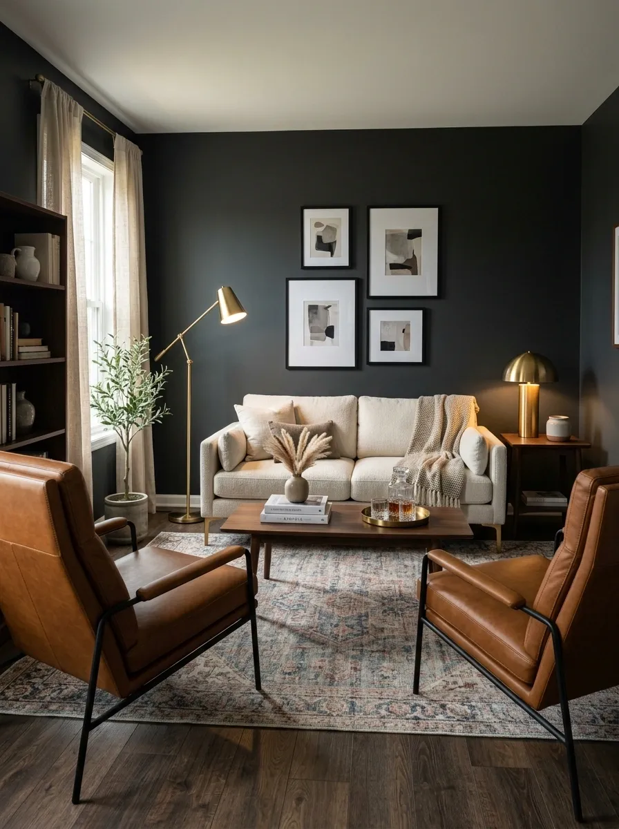 Moody Charcoal Living Room With Warm Cognac Recliners