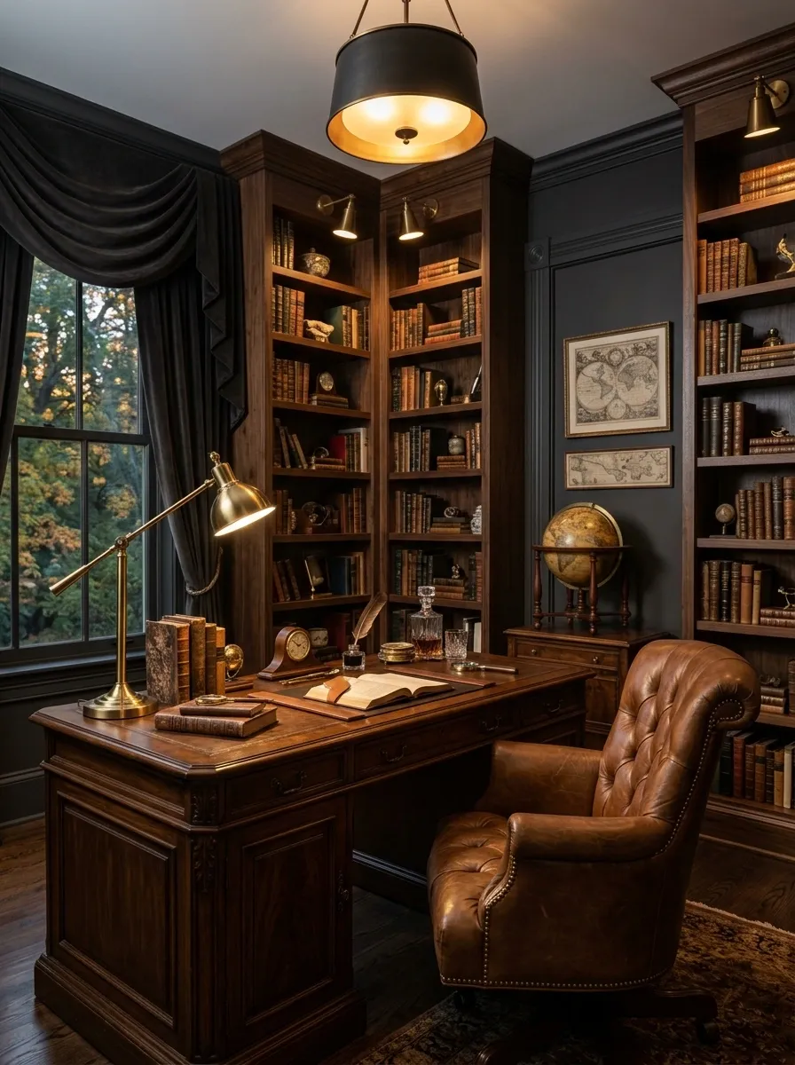 Moody Charcoal Office With Brass Lighting