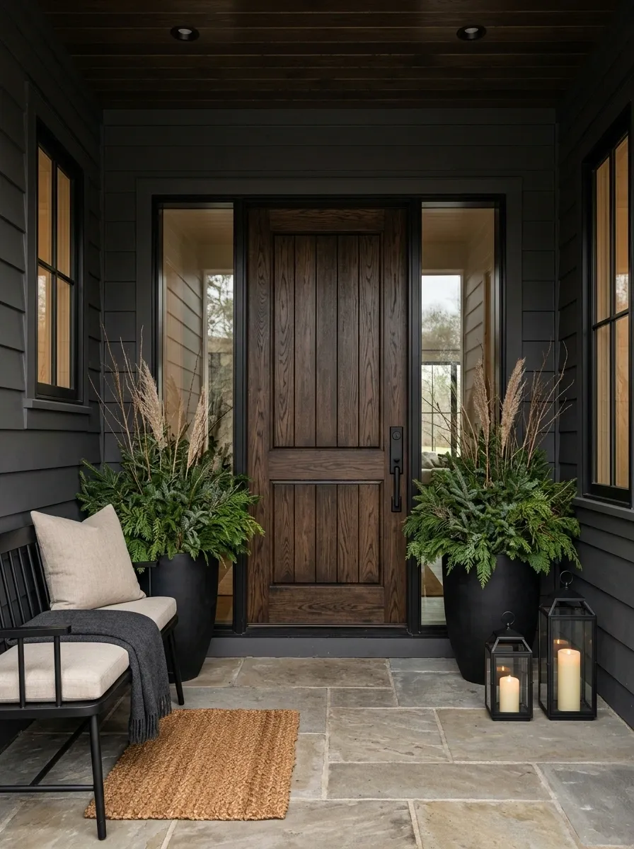 Moody Charcoal Porch With Evergreen Layers