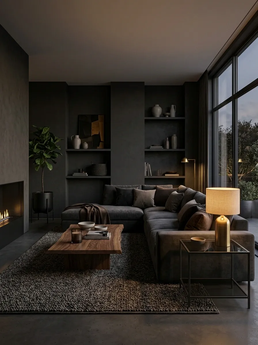 Moody Charcoal Sectional in a Dark, Layered Living Room
