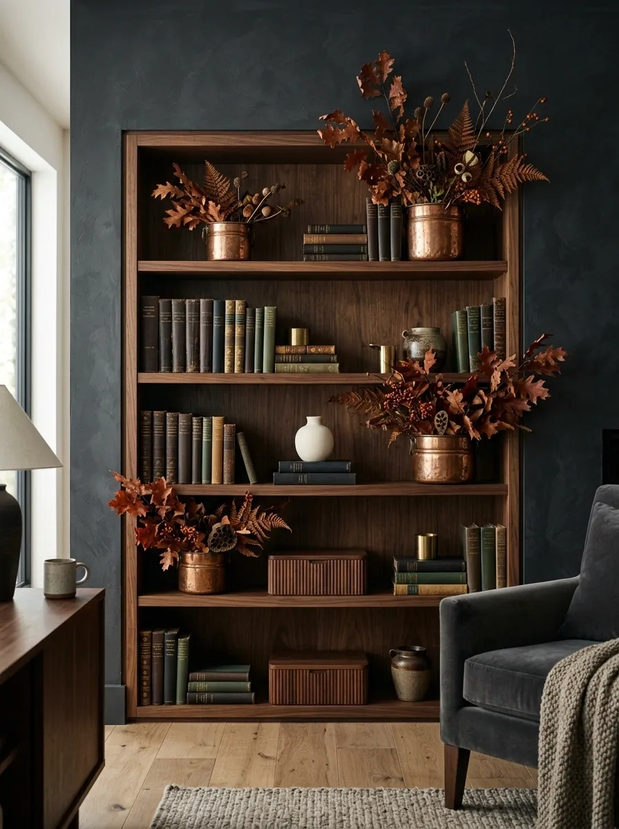 Moody Charcoal Shelf With Copper, Walnut, and Deep Autumn Foliage