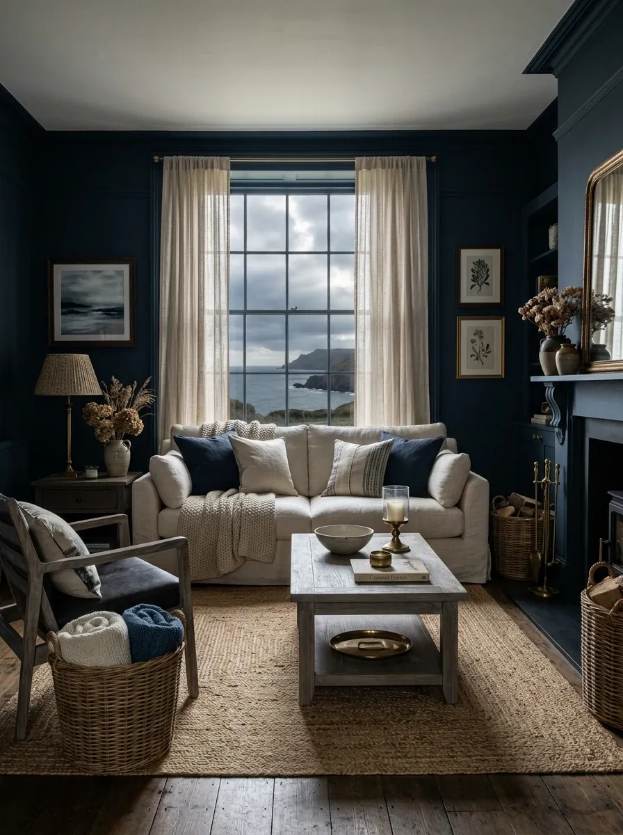 Moody Coastal Apartment With Ink Blue and Weathered Wood