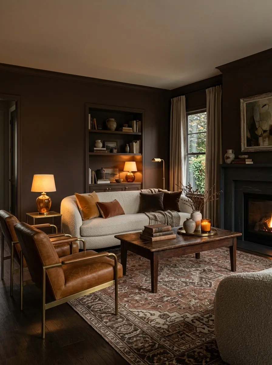 Moody Cocoa Living Room With Vintage Furniture and Amber Lamps