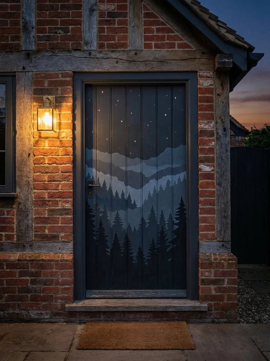Moody Cottage Door With Moonlit Forest Scene