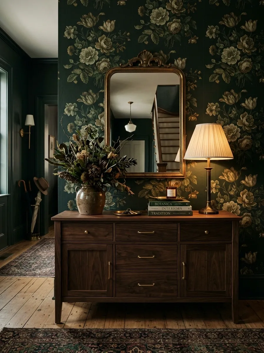 Moody Floral Entryway With Dark Wood Furniture