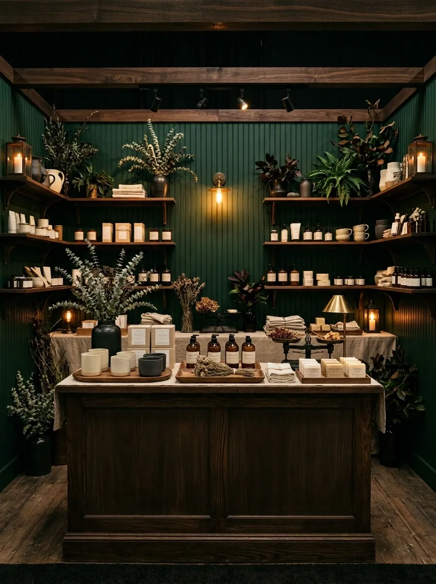 Moody Forest Green Booth With Dark Wood and Warm Lighting