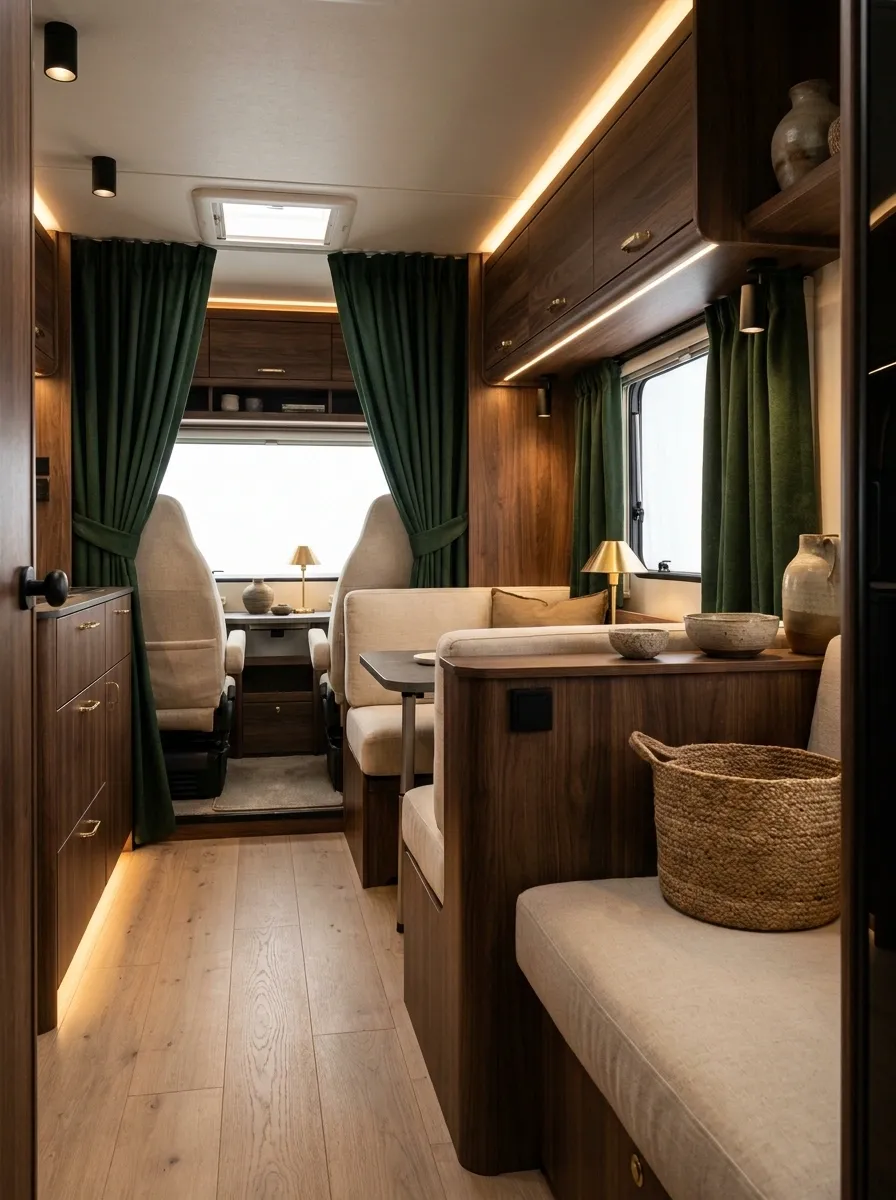 Moody Forest Green Curtains With Walnut Cabinets