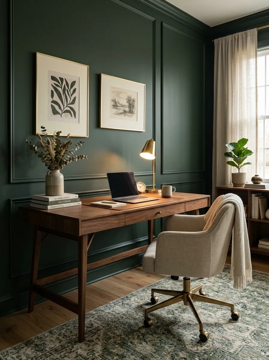 Moody Forest Green Office With Soft Neutrals