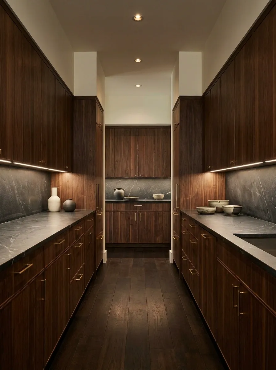 Moody Galley Kitchen With Walnut and Honed Stone
