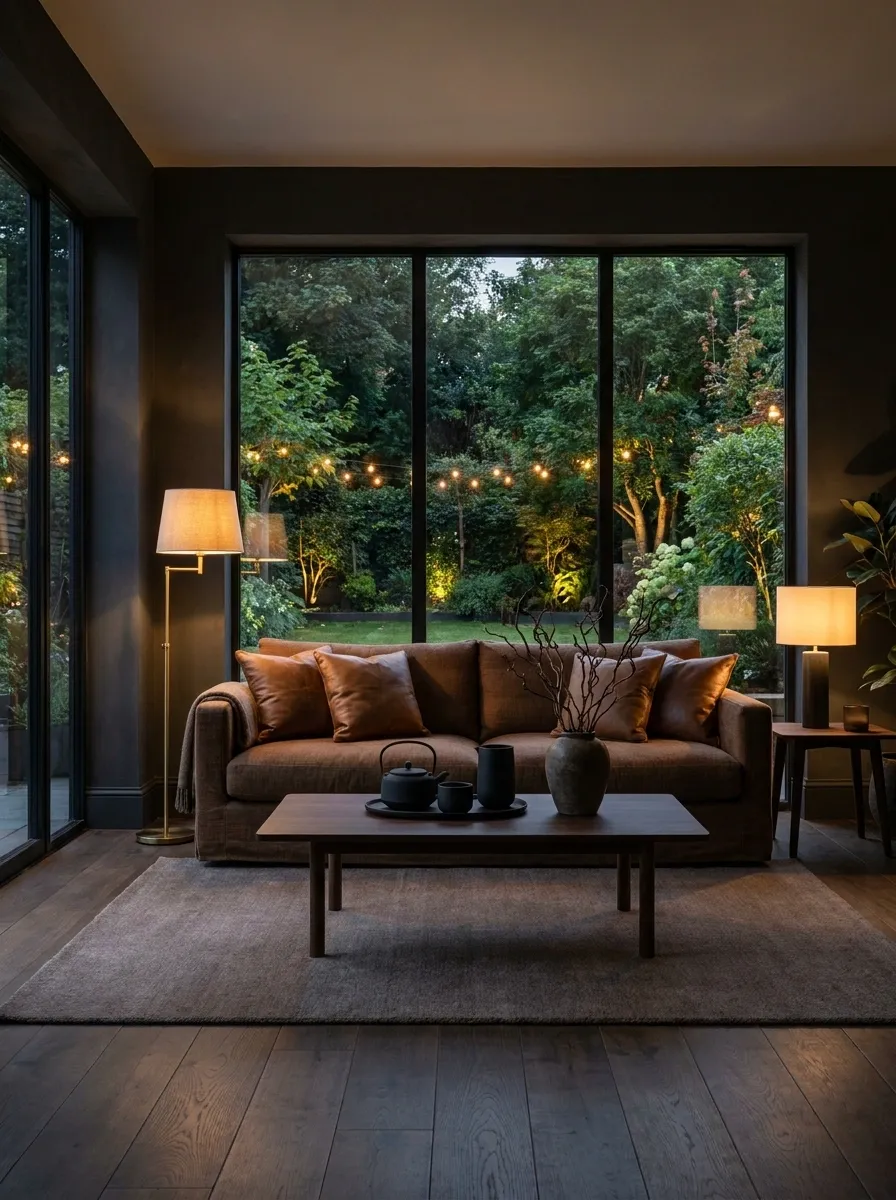 Moody Garden Room With Charcoal Walls and Amber Lighting